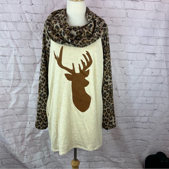 NWT Boutique leopard Animal print reindeer buck deer tunic cowl neck plus sz - Picture 3 of 11